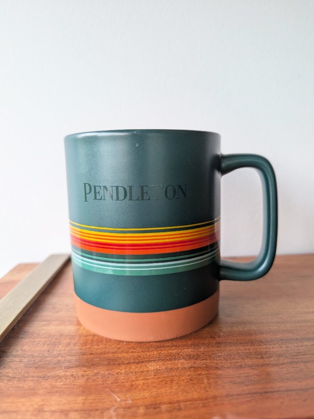 Pendleton Yakima Camp Stripe 18 oz Ceramic Mug Teal Green Terracotta